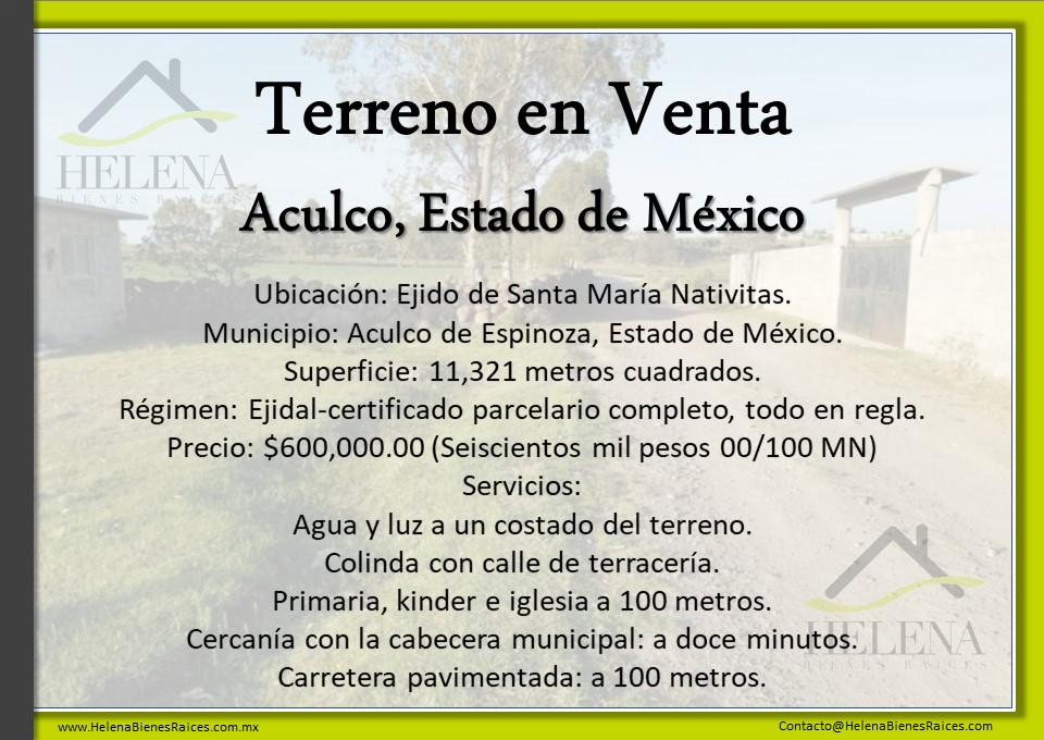 Aculco de Espinoza, Estado de México 50360, ,LOTE / TERRENO,EN VENTA,1018